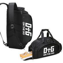 Load image into Gallery viewer, Elevate your gym experience with the OTG Gym Bag 3 in 1, the ultimate fitness companion that seamlessly combines versatility and style. This convertible gym bag adapts to your needs, ensuring a hassle-free transition from one activity to another.