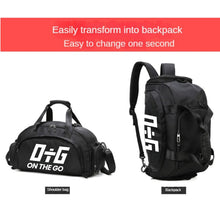 Load image into Gallery viewer, Seamlessly transition between activities with the Gym Bag with Convertible Features by OTG. This multi-functional gym bag is perfect for those who demand a versatile and adaptable companion for their fitness journey.