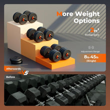 Load image into Gallery viewer, Explore the versatility of the OTG 6 in 1 Adjustable Dumbbells, a space-saving fitness solution that transforms into a Convertible Barbell. Crafted with Eco-Friendly Material Plates, this equipment offers a sustainable and customizable workout experience."