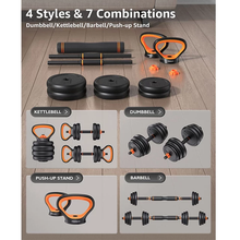 Load image into Gallery viewer, Achieve a comprehensive workout routine with the OTG Barbell and its Versatile Exercise Gear – a convertible set of Adjustable Dumbbells and Barbell, ideal for a range of fitness activities. The Space-Saving Fitness Solution ensures efficient storage in any home gym."